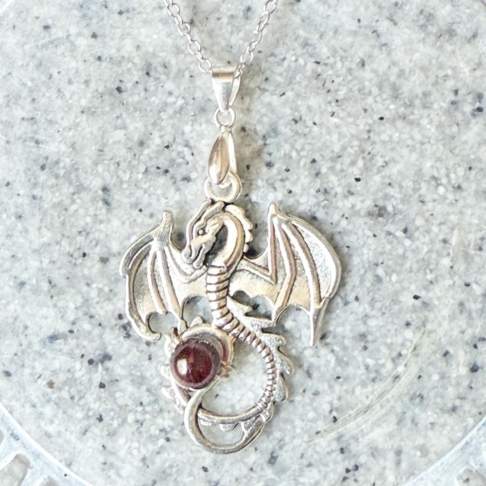 Sterling Silver Garnet Dragon Pendant Necklace, by Wandering Bunny